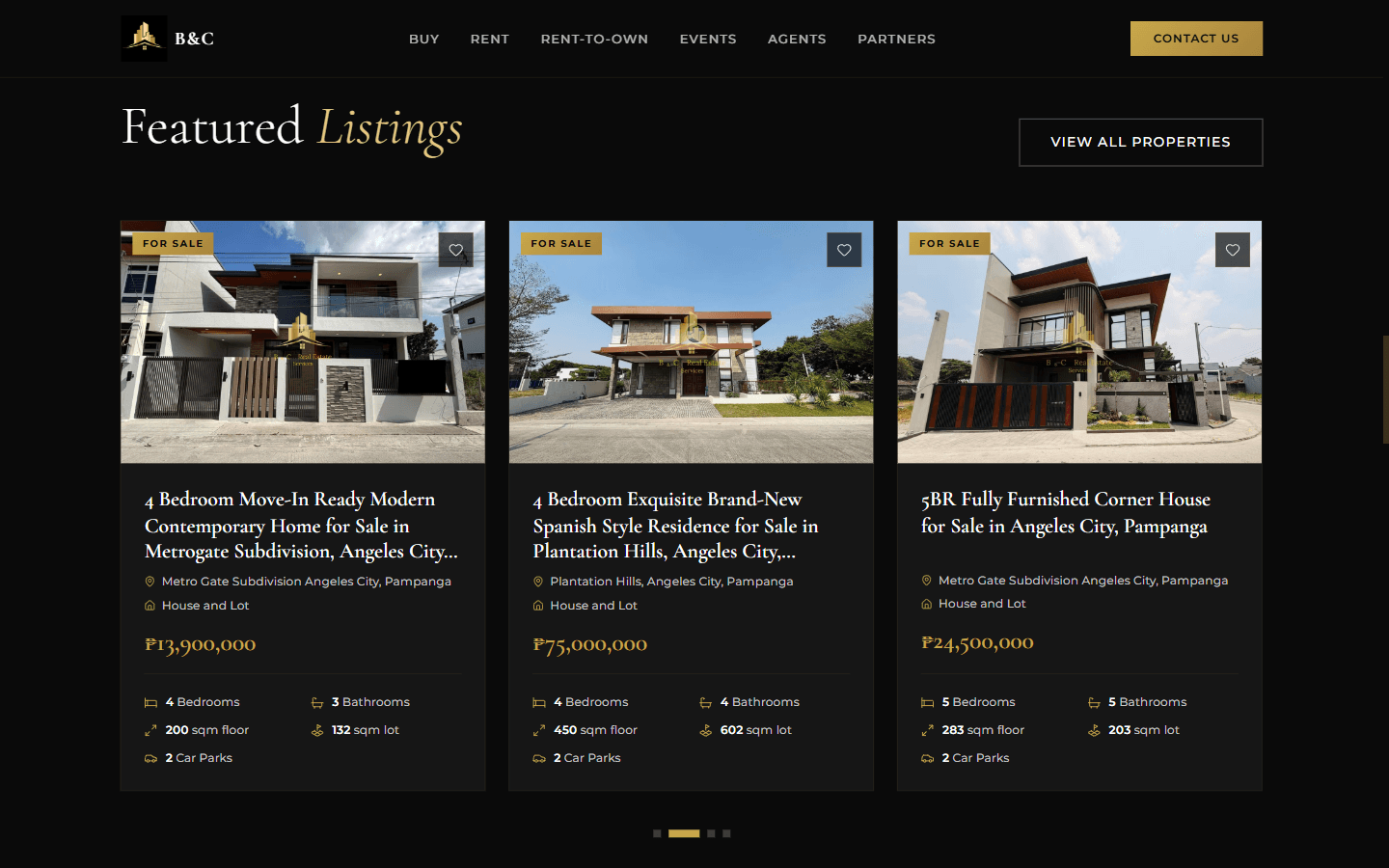 Featured listings grid with specs and pricing