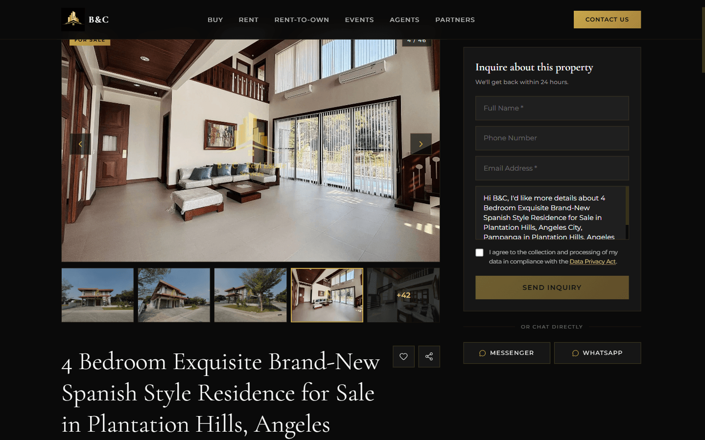 Property detail page with gallery and inquiry form