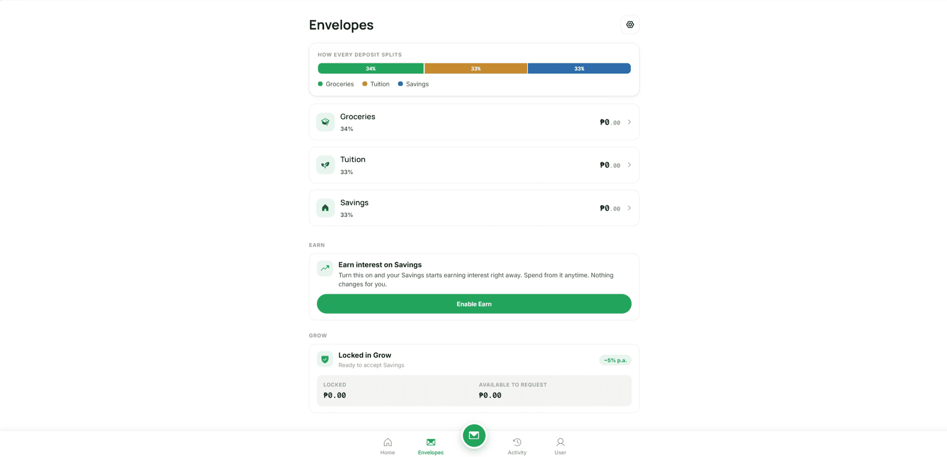 Envelopes dashboard with Groceries, Tuition, Savings, Earn, and Grow