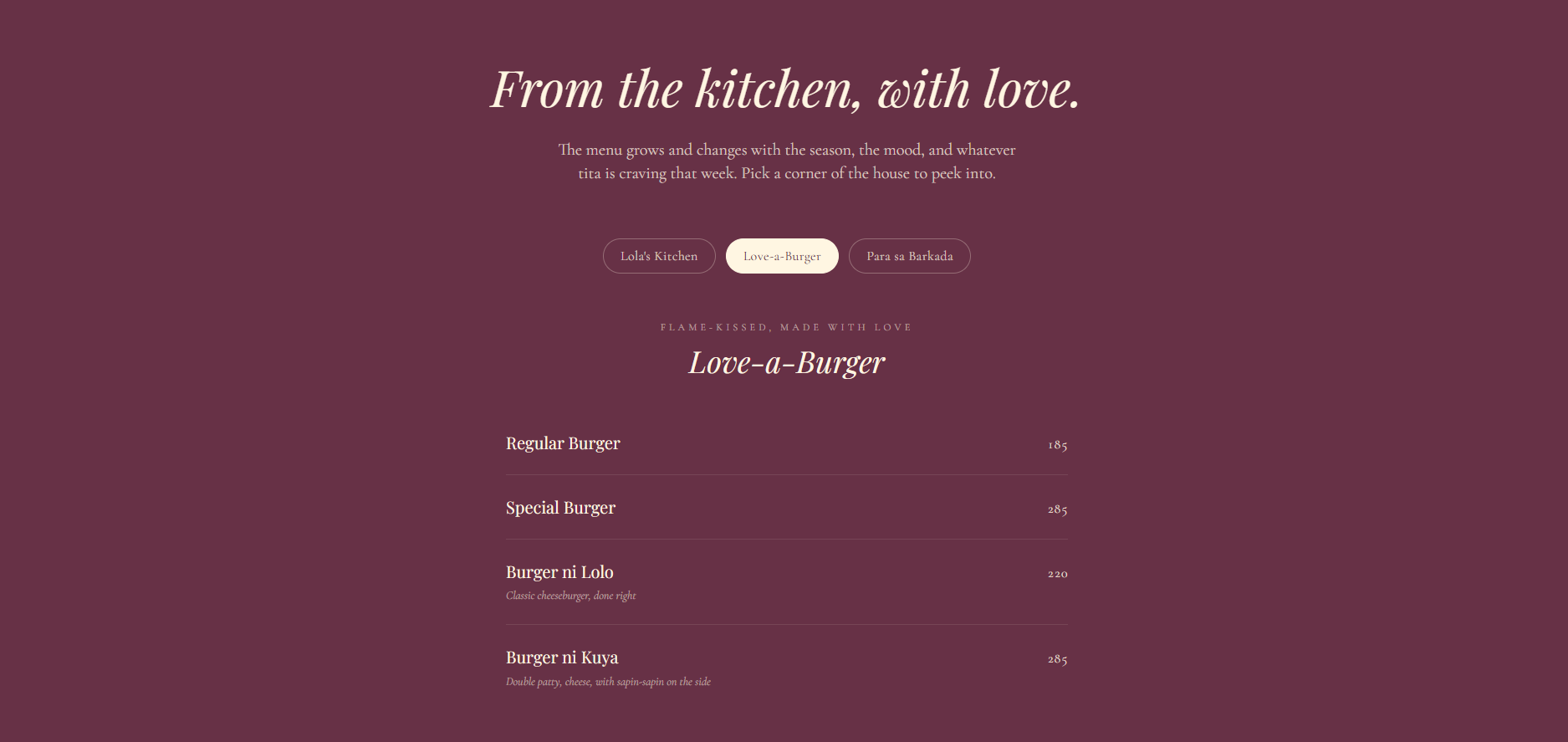 Kiara menu section with category tabs