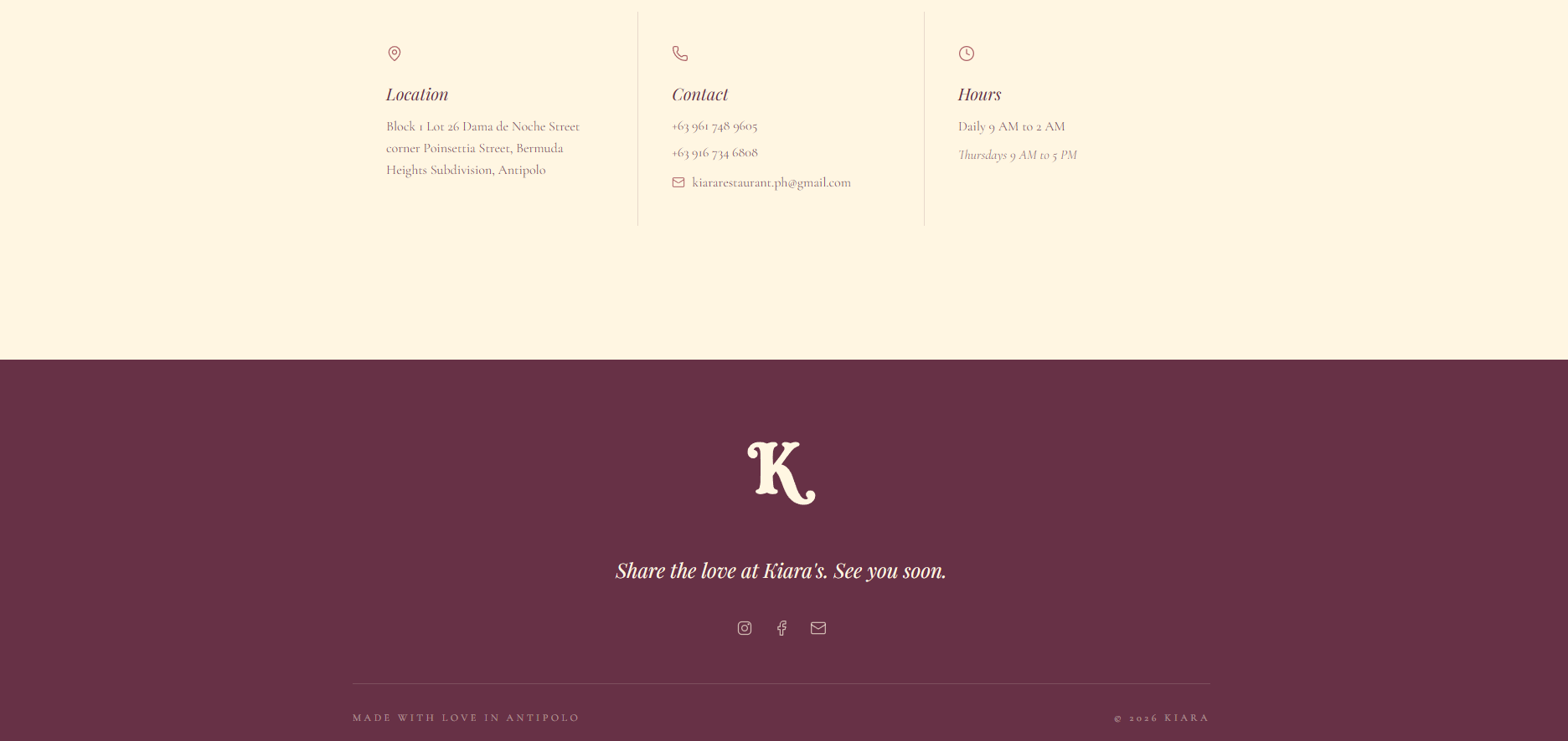 Kiara location, contact, and footer