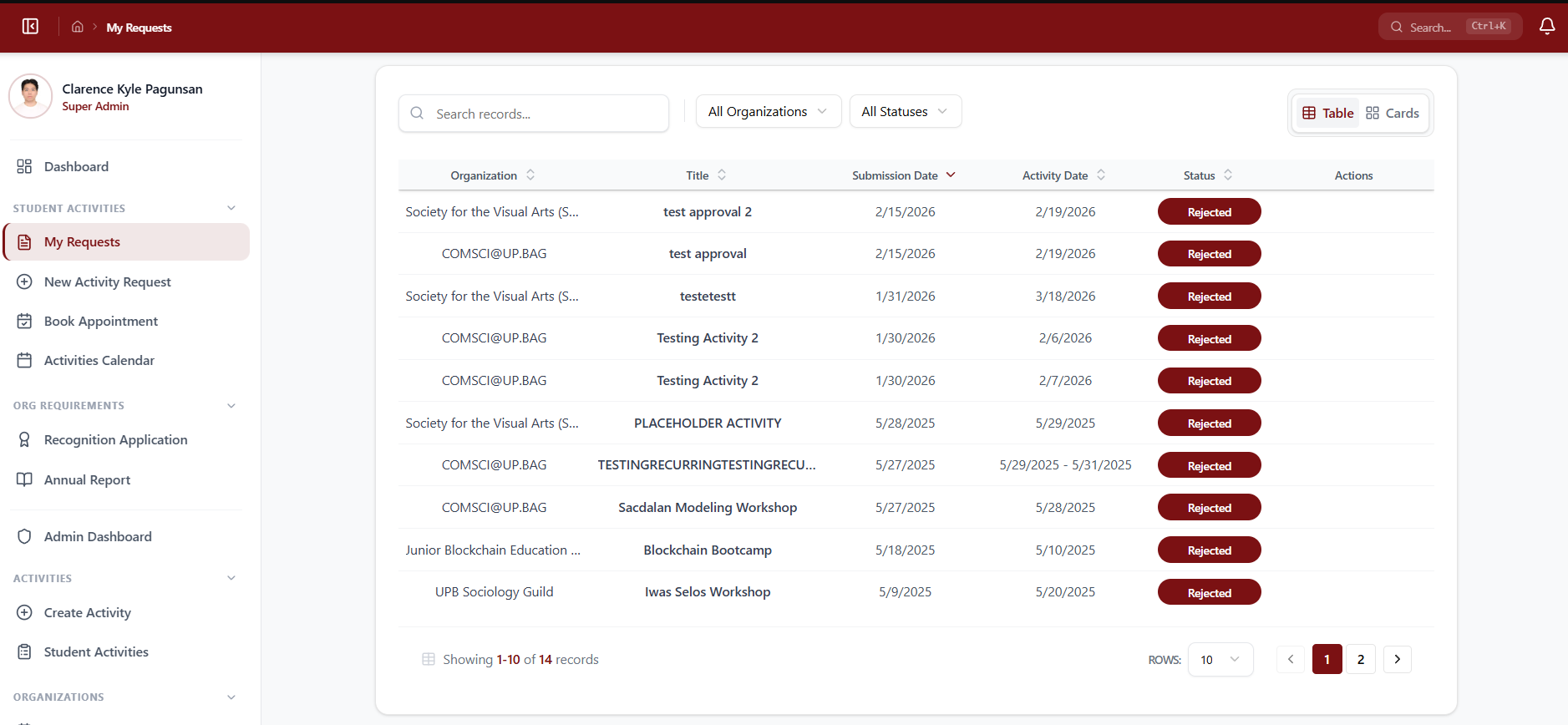 UP Baguio SRO admin tools view